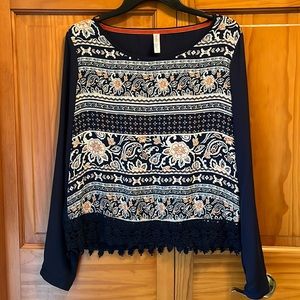 Navy and Orange Patterned Long Sleeved Blouse